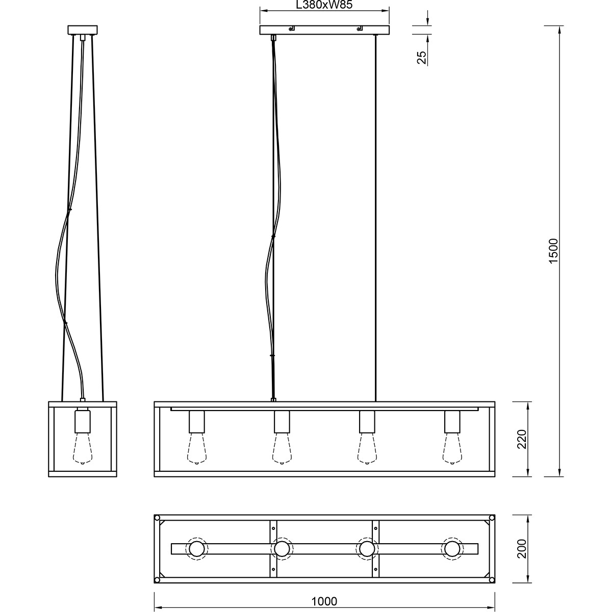 LED Hanglamp - Hangverlichting - Trion Kandin - E27 Fitting - 4-lichts - Rechthoek - Mat Zwart - Aluminium