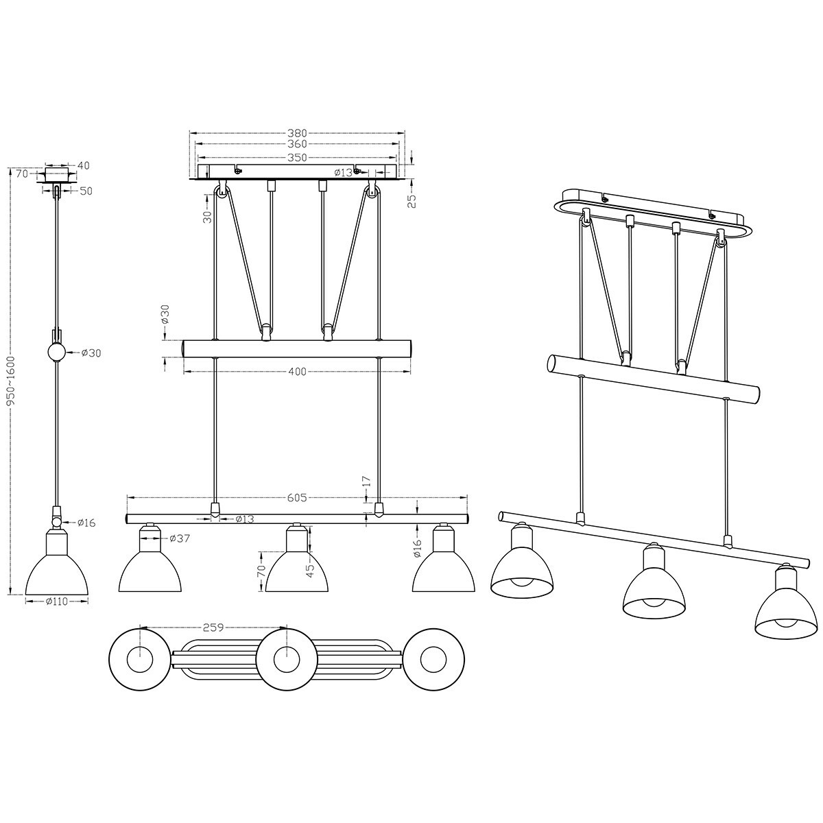 LED Hanglamp - Hangverlichting - Trion Levino - E14 Fitting - Warm Wit 3000K - 3-lichts - Rechthoek - Mat Goud - Aluminium