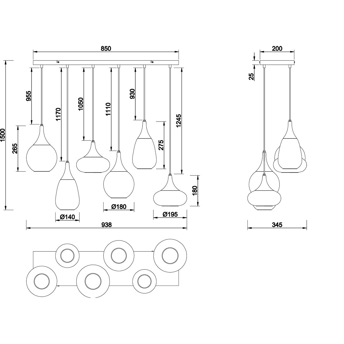 LED Hanglamp - Hangverlichting - Trion Lidia - E14 Fitting - 6-lichts - Rond - Mat Zwart - Metaal