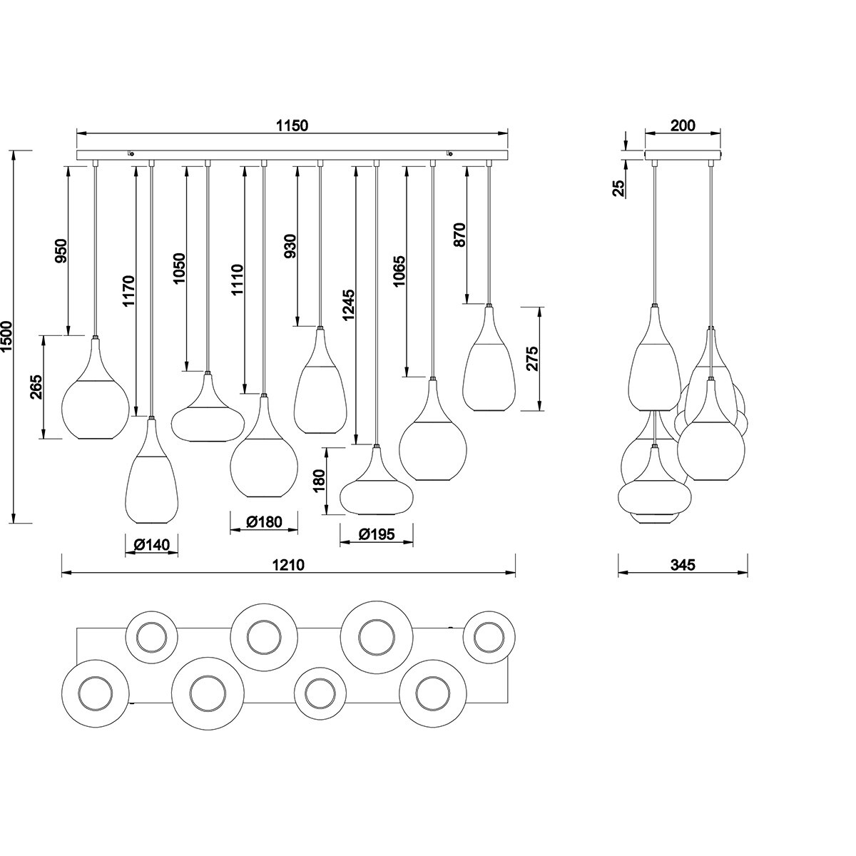 LED Hanglamp - Hangverlichting - Trion Lidia - E14 Fitting - 8-lichts - Rond - Mat Zwart - Metaal