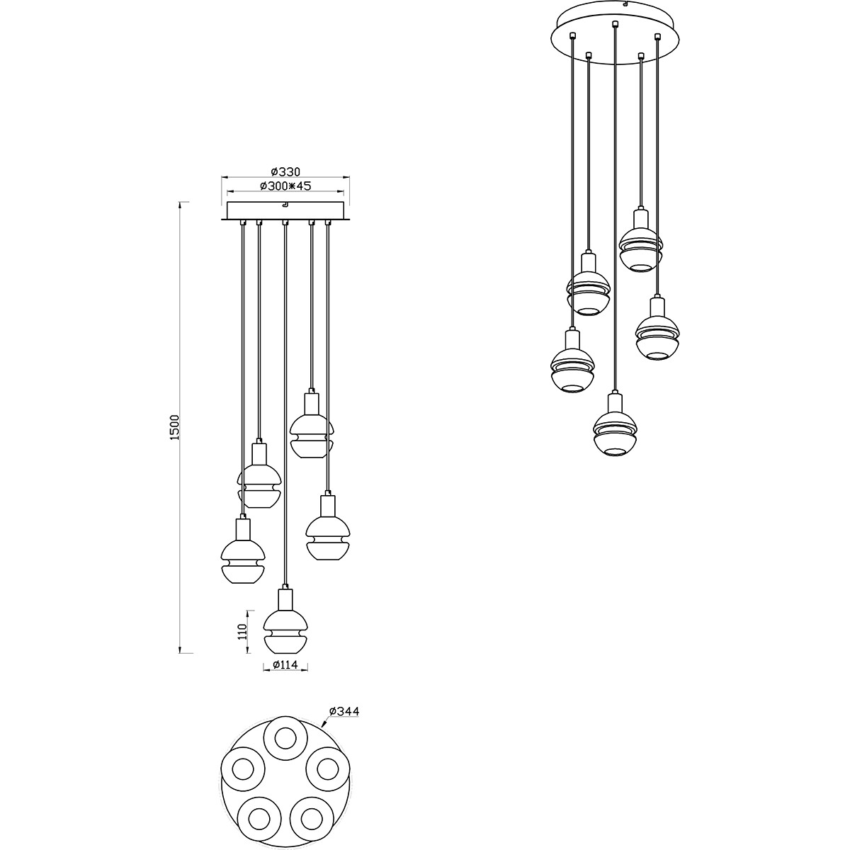 LED Hanglamp - Hangverlichting - Trion Merda - E14 Fitting - 5-lichts - Rond - Mat Zwart - Aluminium