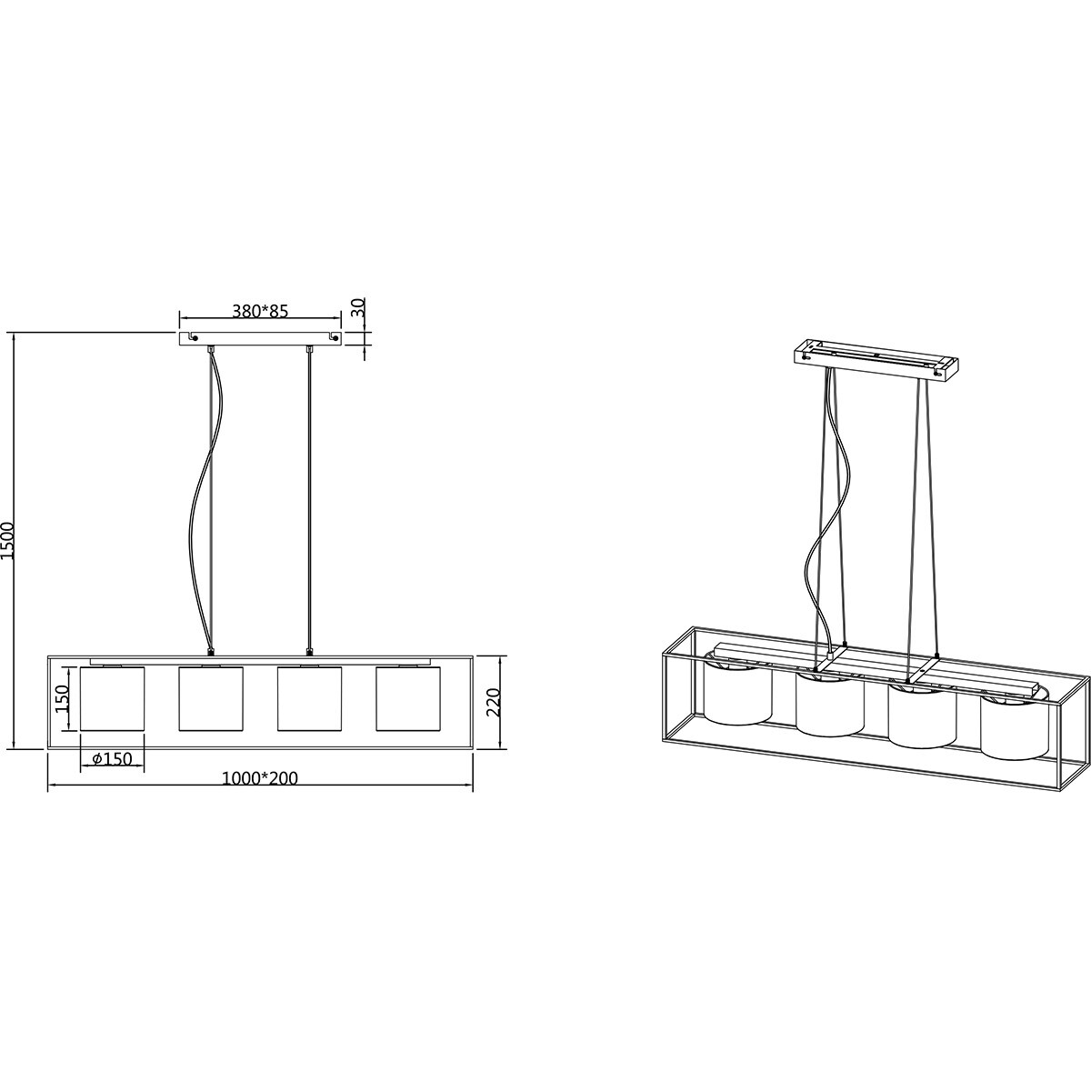 LED Hanglamp - Hangverlichting - Trion Rocky - E27 Fitting - 4-lichts - Rechthoek - Mat Zwart - Metaal