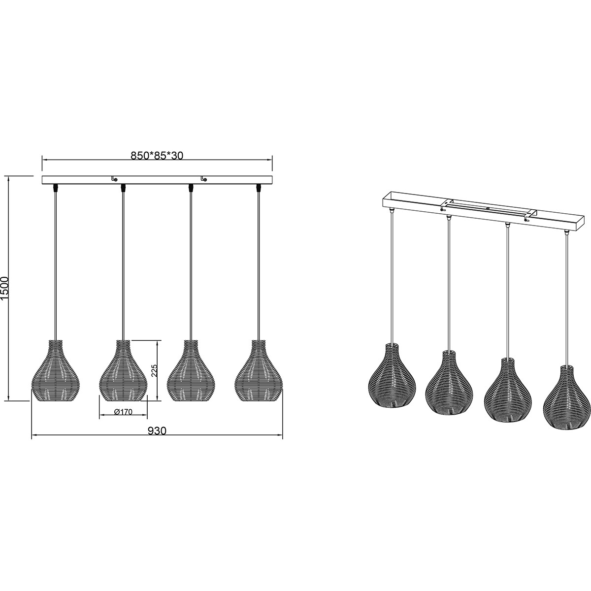 LED Hanglamp - Hangverlichting - Trion Sparko - E14 Fitting - 4-lichts - Rechthoek - Zwart - Hout