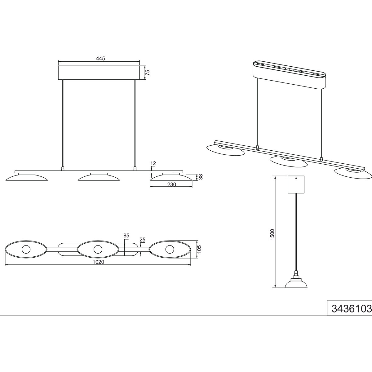 LED Hanglamp - Hangverlichting - Trion Tron - 9W - Warm Wit 3000K - 3-lichts - Dimbaar - Mat Messing - Metaal