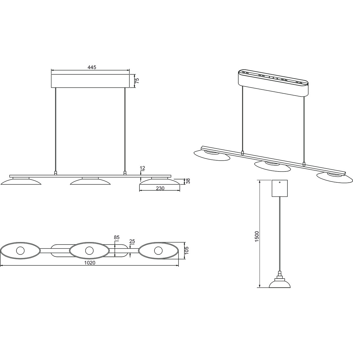 LED Hanglamp - Hangverlichting - Trion Tron - 9W - Warm Wit 3000K - 3-lichts - Dimbaar - Mat Nikkel - Metaal