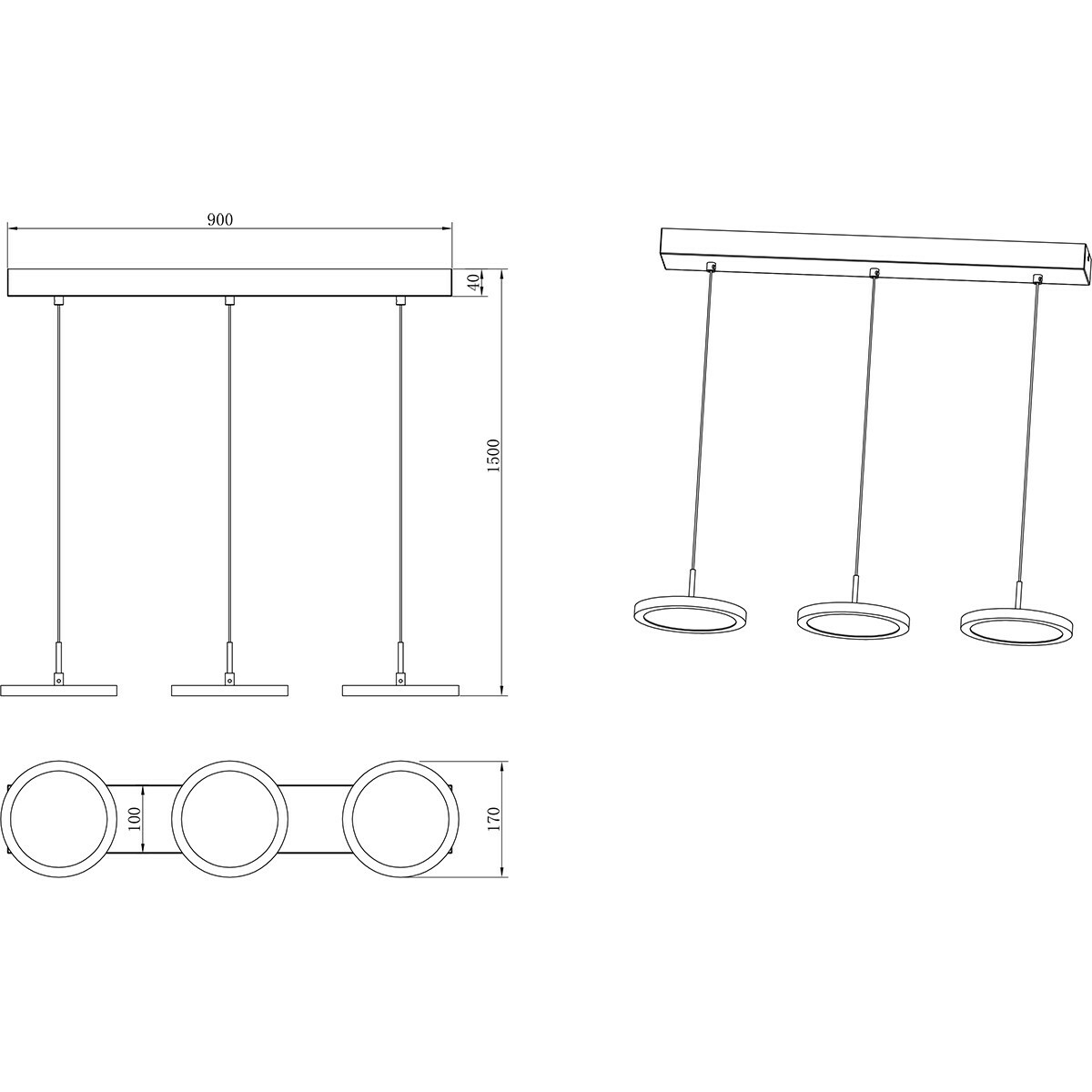 LED Hanglamp - Hangverlichting - Trion Trula - 30W - 3-lichts - Warm Wit 3000K - Dimbaar - Rechthoek - Mat Zwart - Aluminium