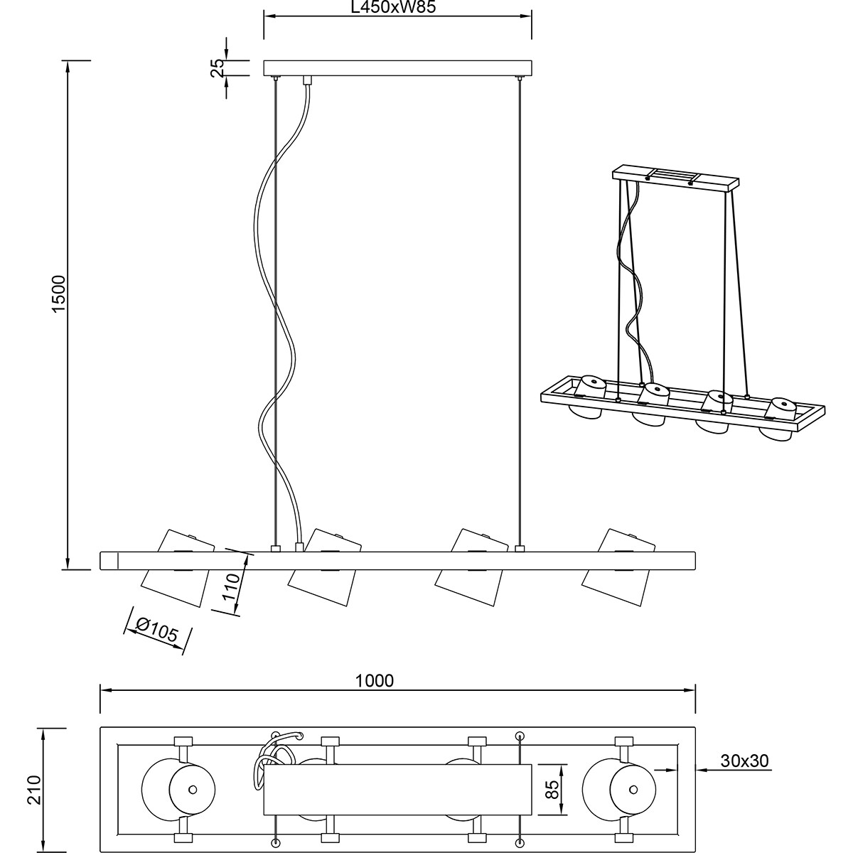 LED Hanglamp - Trion Bimm - E14 Fitting - 4-lichts - Rechthoek - Antiek Nikkel - Aluminium