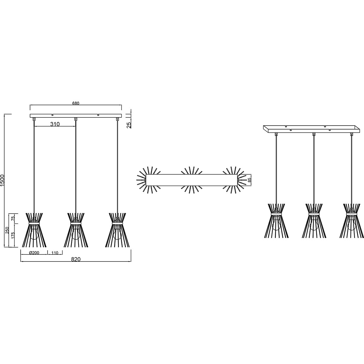 LED Hanglamp - Trion Drado - E27 Fitting - 3-lichts - Rechthoek - Zwart Goud - Metaal