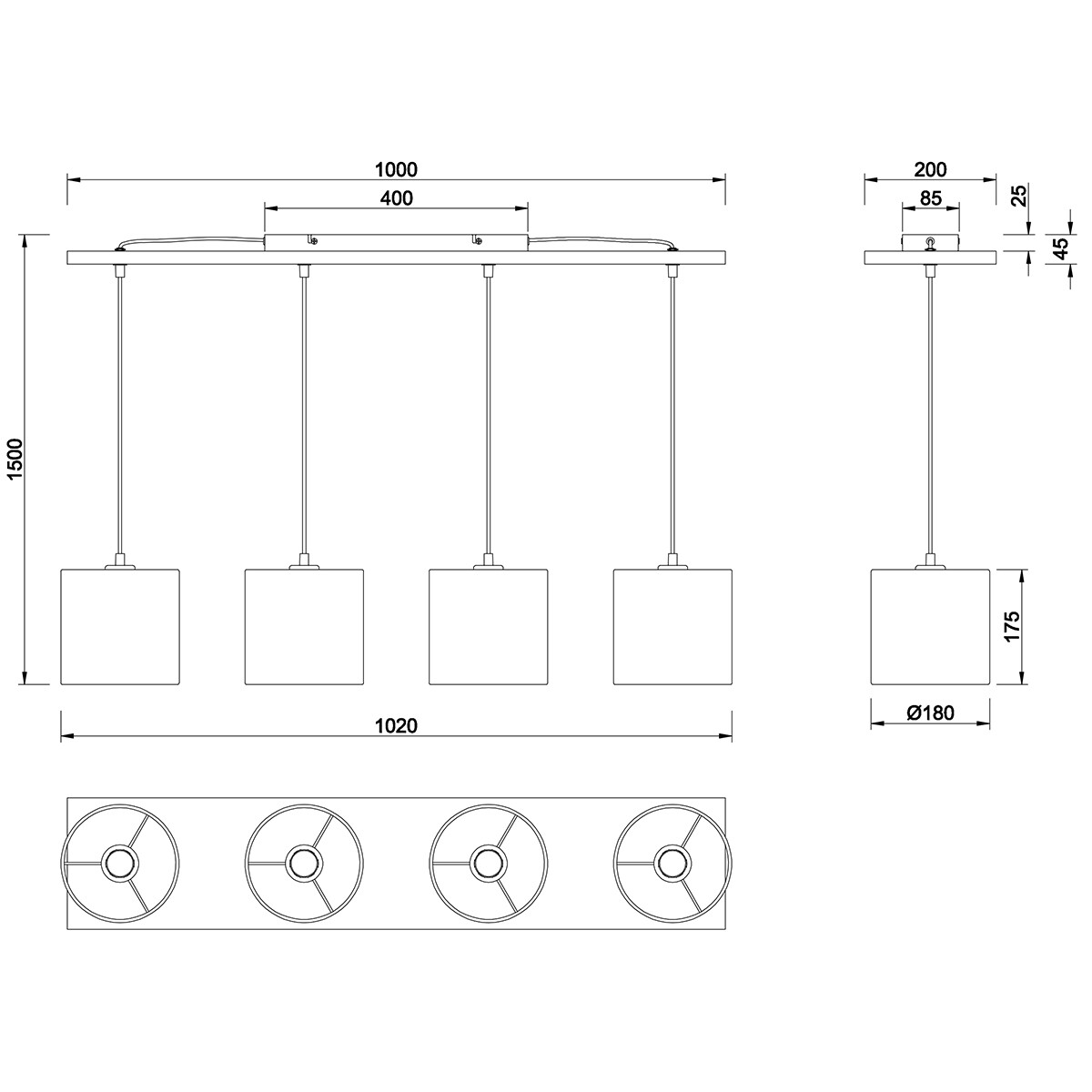 LED Hanglamp - Trion Elmo - E27 Fitting - 4-lichts - Rechthoek - Antiek Nikkel - Aluminium