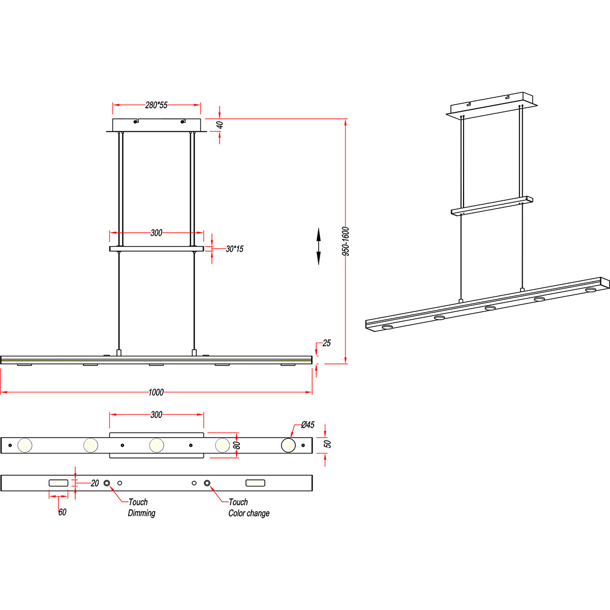 LED Hanglamp - Trion Lacy - 21W - Aanpasbare Kleur - 7-lichts - Dimbaar - Rechthoek - Mat Nikkel - Aluminium