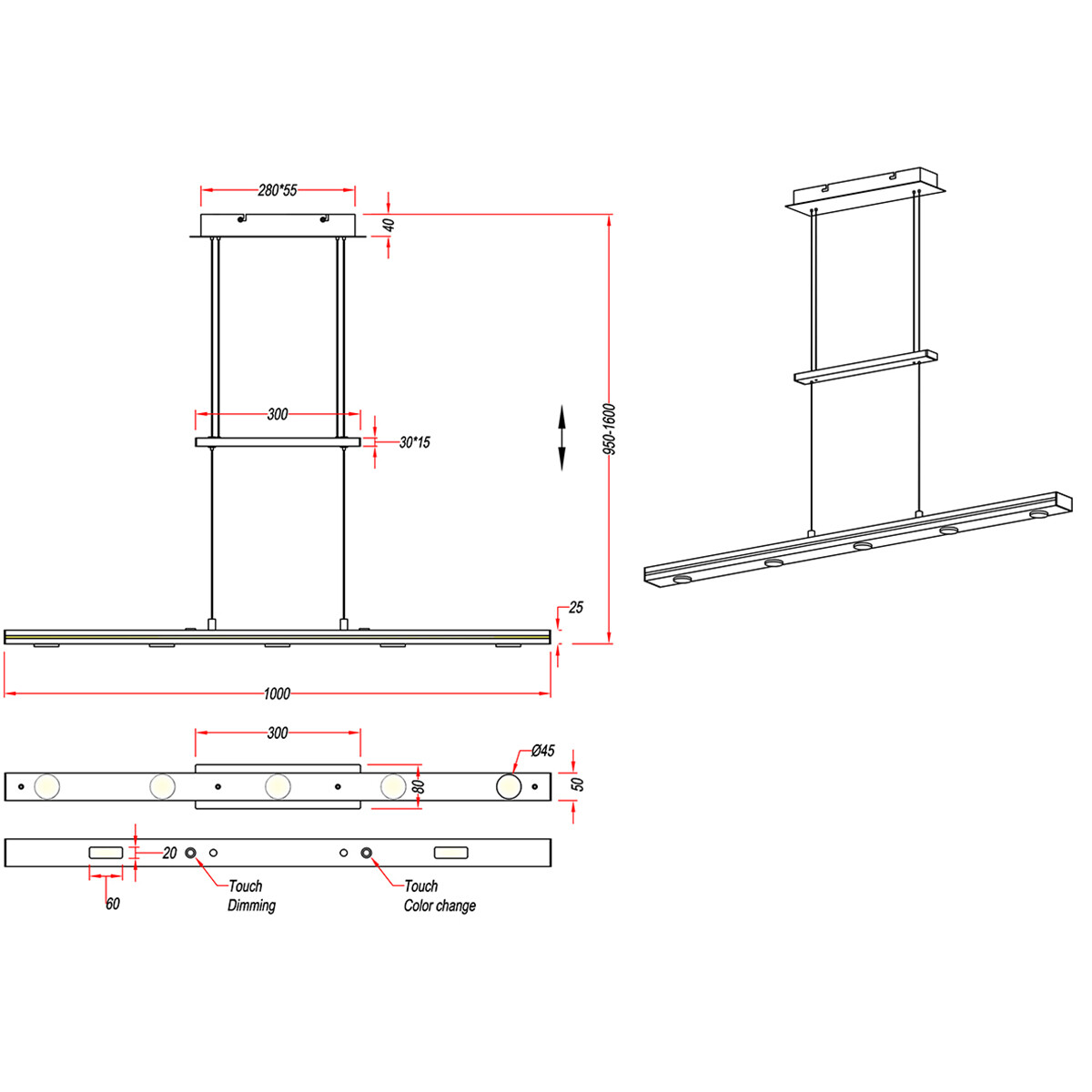 LED Hanglamp - Trion Lacy - 21W - Aanpasbare Kleur - 7-lichts - Dimbaar - Rechthoek - Mat Zwart - Aluminium