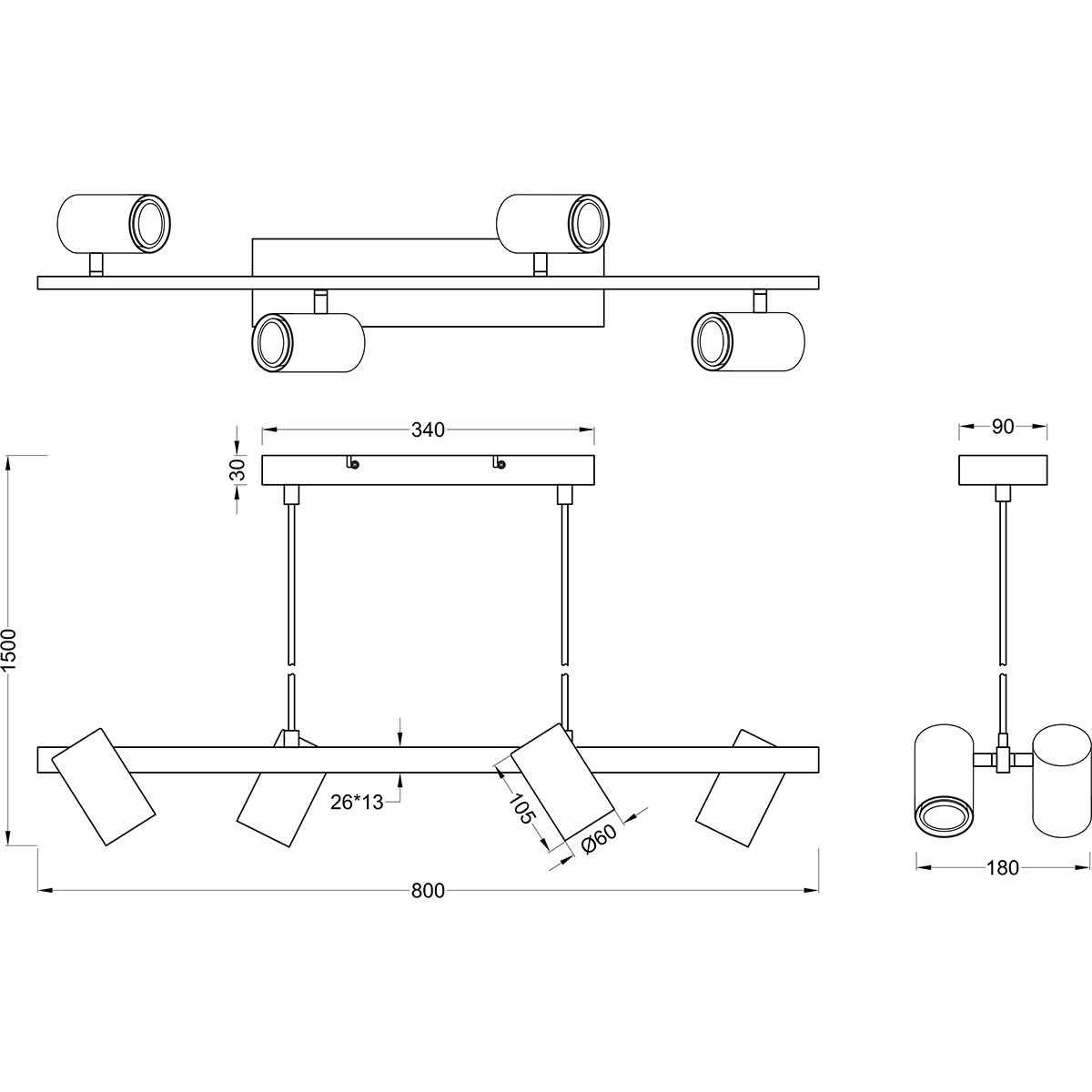 LED Hanglamp - Trion Milona - GU10 Fitting - 4-lichts - Rond - Mat Zwart - Aluminium