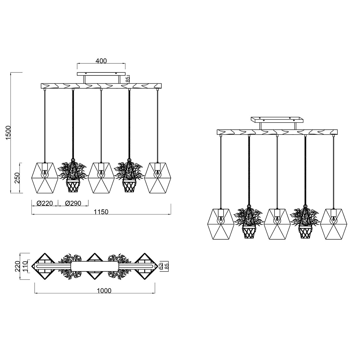 LED Hanglamp - Trion Plantan - E27 Fitting - 3-lichts - Rechthoek - Antiek Nikkel - Aluminium