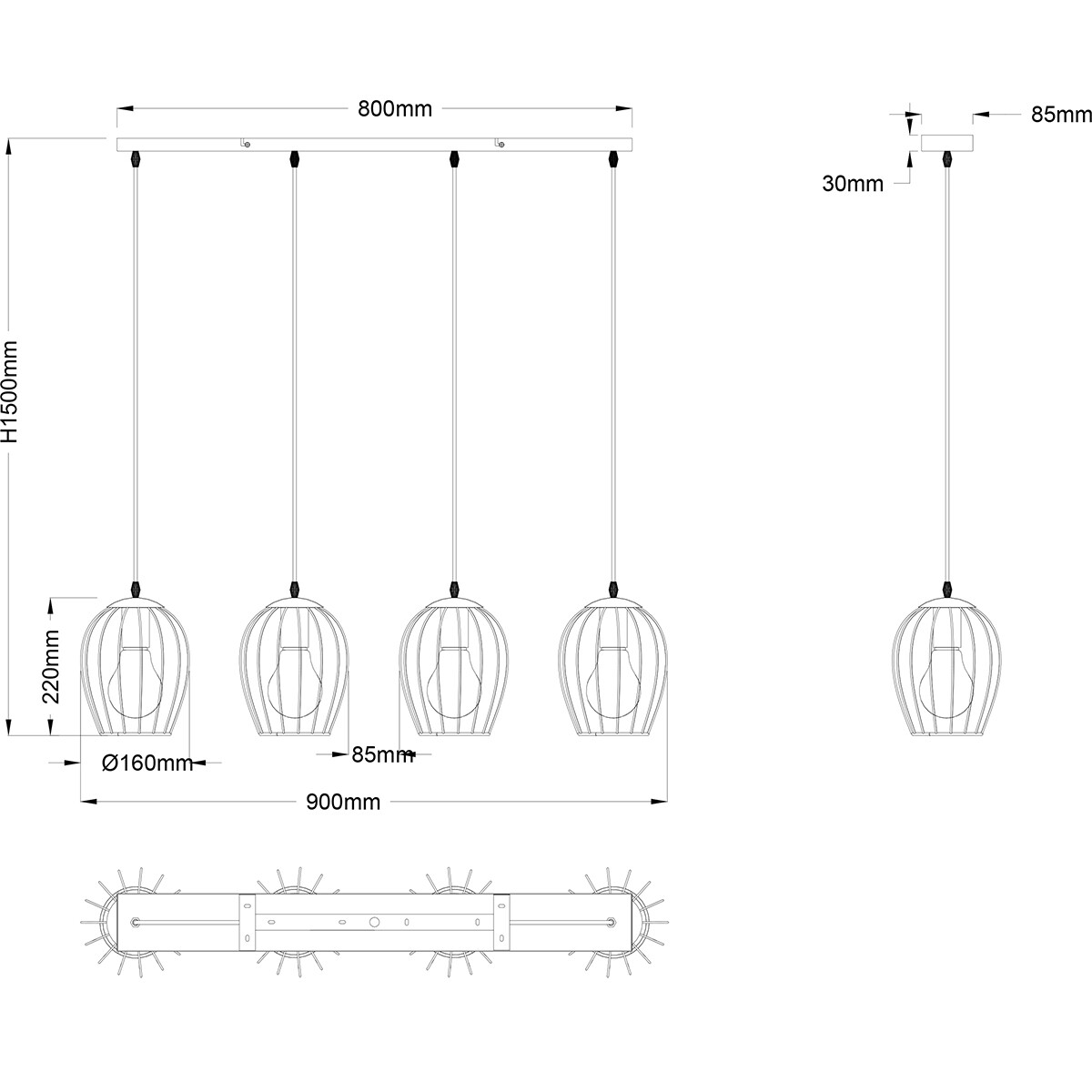 LED Hanglamp - Trion Rigo - E27 Fitting - 4-lichts - Rond - Mat Zwart - Metaal