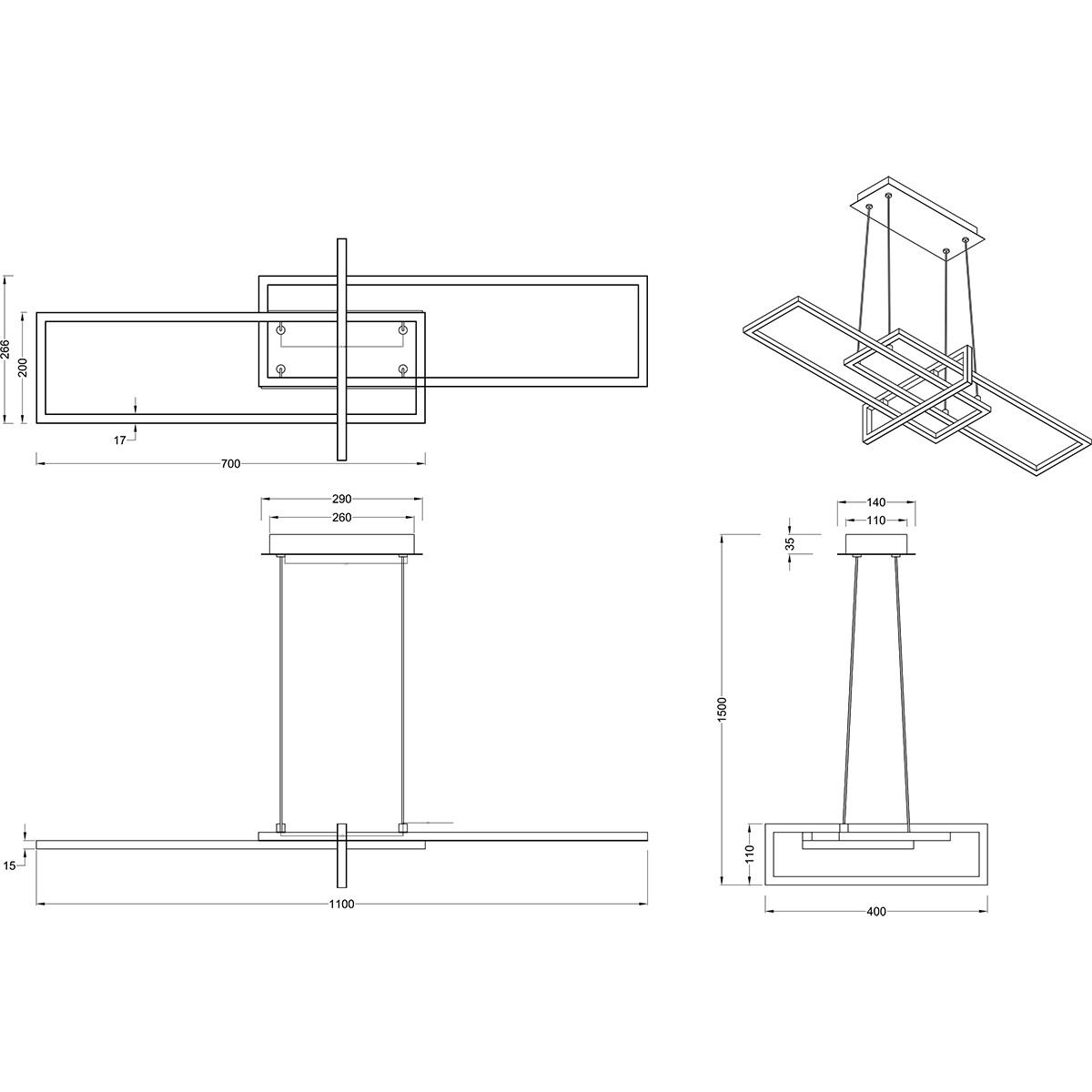 LED Hanglamp - Trion Salana - 34W - Warm Wit 3000K - Dimbaar - Rechthoek - Mat Nikkel - Aluminium