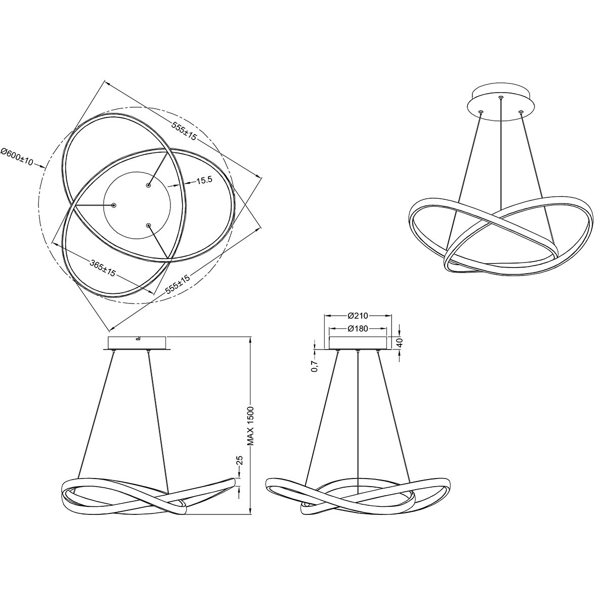 LED Hanglamp - Trion Source - 27.5W - Warm Wit 3000K - Dimbaar - Rond - Mat Zwart - Metaal