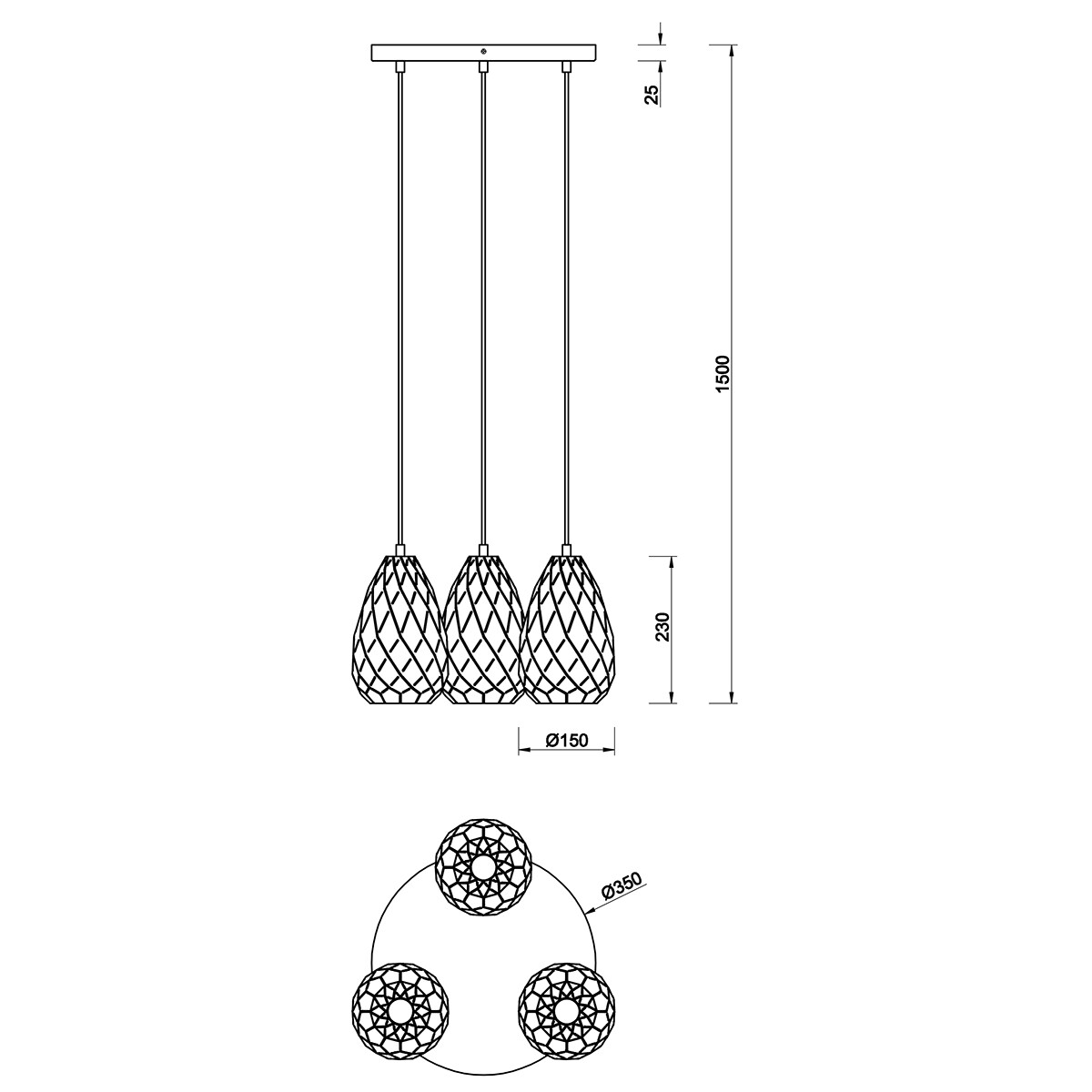 LED Hanglamp - Trion Uno - E27 Fitting - 3-lichts - Rond - Mat Antraciet - Aluminium