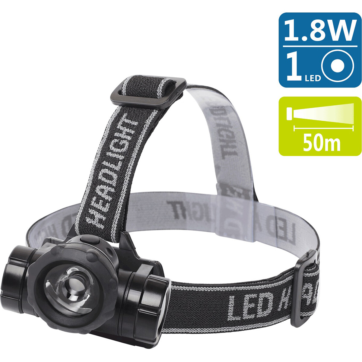 LED Hoofdlamp - Aigi Buvin - Waterdicht - 50 Meter - Kantelbaar - 1 LED - 1.8W - Zwart | Vervangt 10W