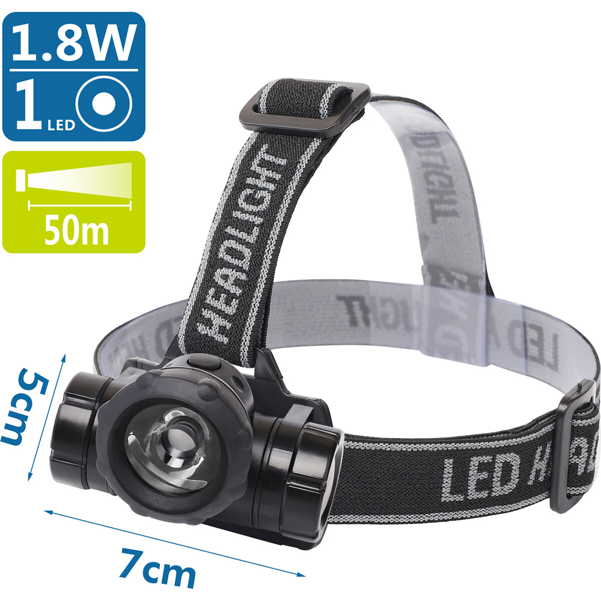 LED Hoofdlamp - Aigi Buvin - Waterdicht - 50 Meter - Kantelbaar - 1 LED - 1.8W - Zwart | Vervangt 10W