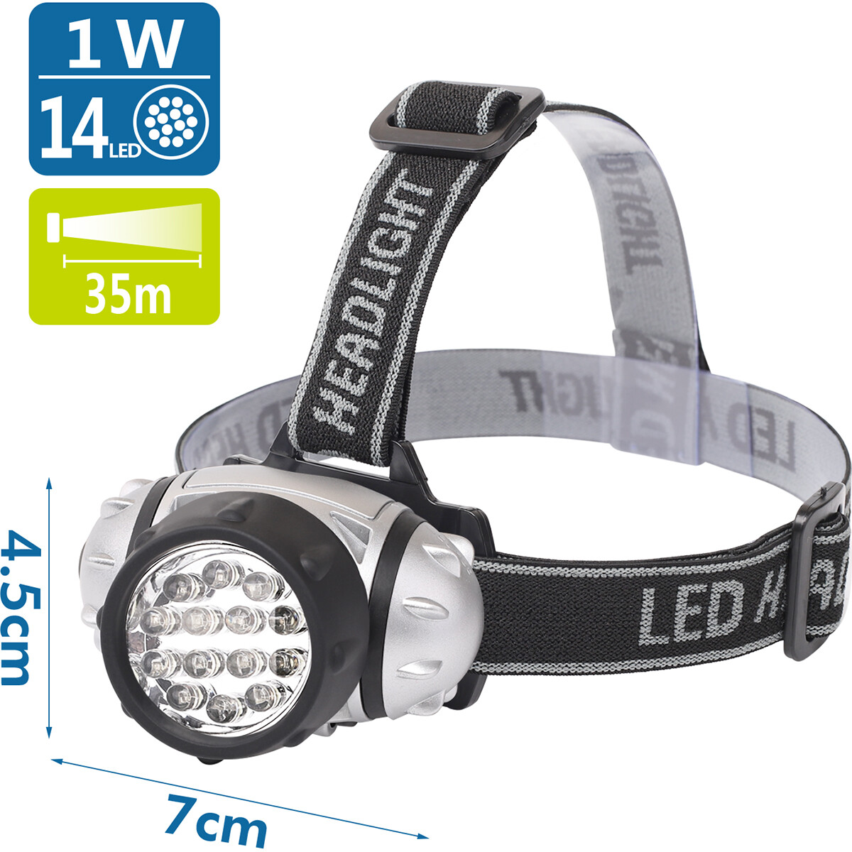 LED Hoofdlamp - Aigi Heady - Waterdicht - 35 Meter - Kantelbaar - 14 LED's - 1W - Zilver | Vervangt 8W