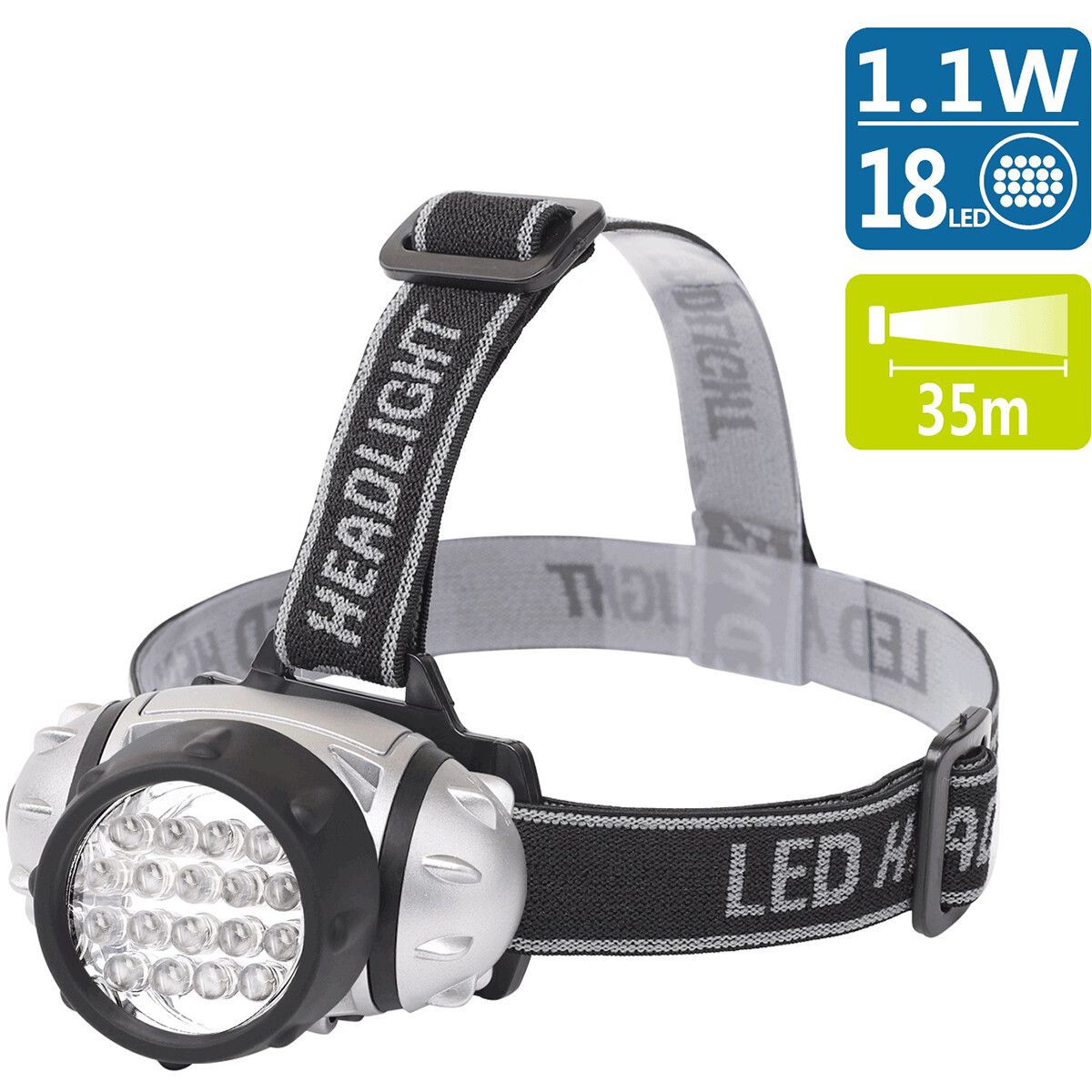 LED Hoofdlamp - Aigi Heady - Waterdicht - 35 Meter - Kantelbaar - 18 LED's - 1.1W - Zilver | Vervangt 9W