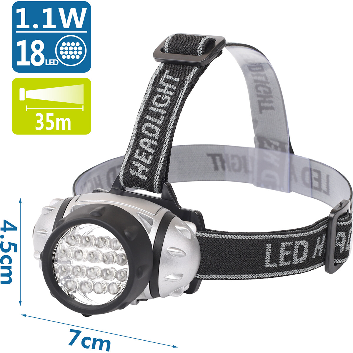 LED Hoofdlamp - Aigi Heady - Waterdicht - 35 Meter - Kantelbaar - 18 LED's - 1.1W - Zilver | Vervangt 9W