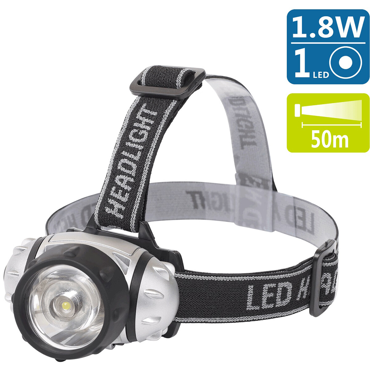 LED Hoofdlamp - Aigi Hitro - Waterdicht - 50 Meter - Kantelbaar - 1 LED - 1.8W - Zilver | Vervangt 13W