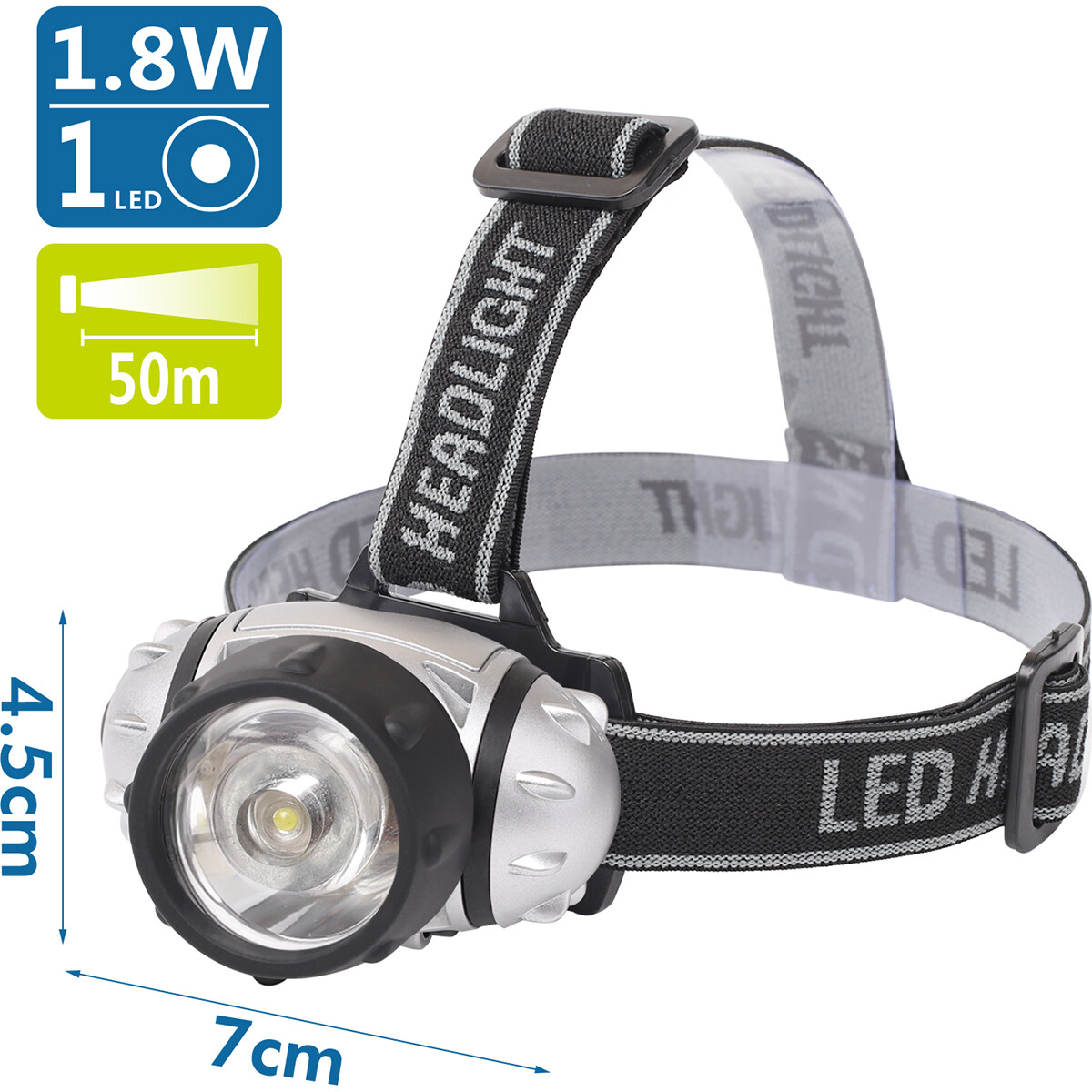 LED Hoofdlamp - Aigi Hitro - Waterdicht - 50 Meter - Kantelbaar - 1 LED - 1.8W - Zilver | Vervangt 13W