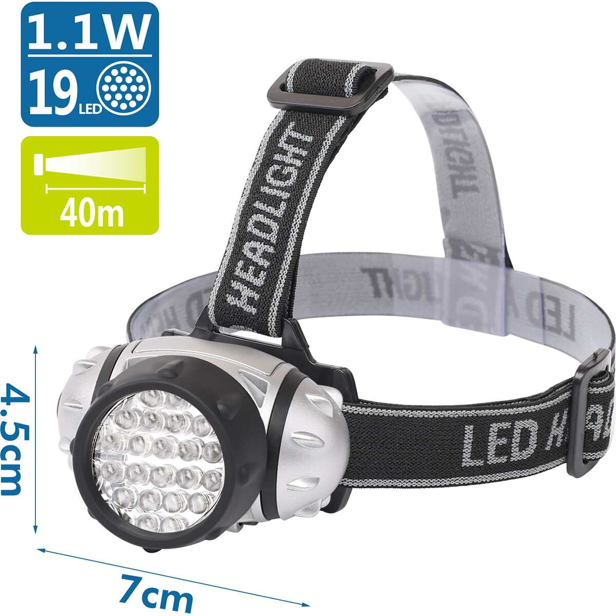 LED Hoofdlamp - Aigi Slico - Waterdicht - 40 Meter - Kantelbaar - 19 LED's - 1.1W - Zilver | Vervangt 9W