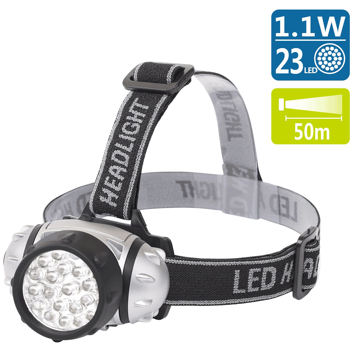 LED Hoofdlamp - Aigi Slico - Waterdicht - 50 Meter - Kantelbaar - 23 LED's - 1.1W - Zilver | Vervangt 9W