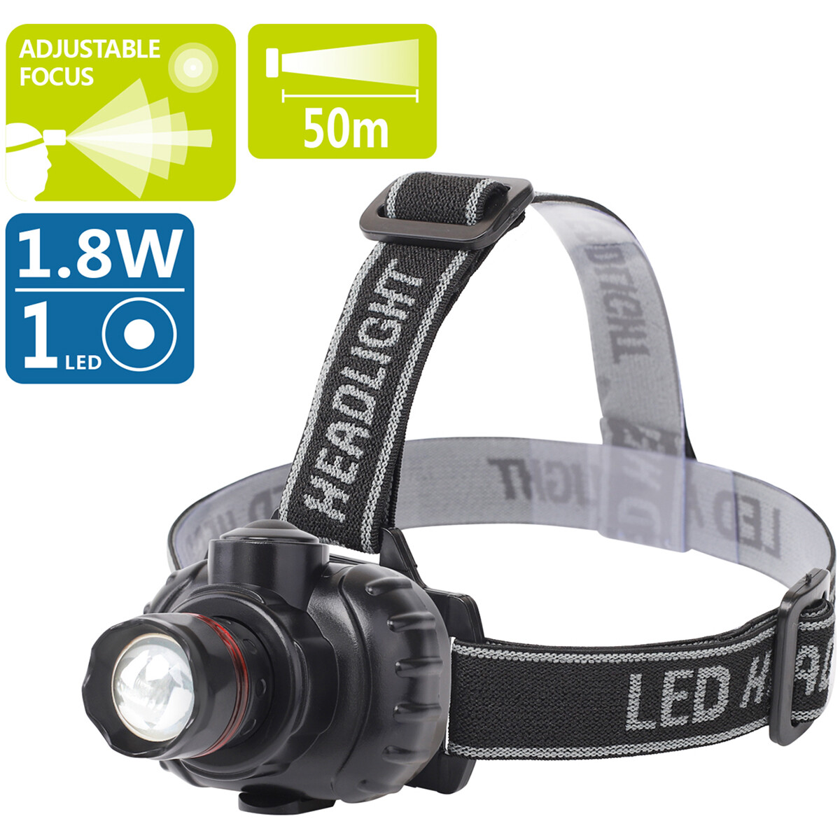 LED Hoofdlamp - Aigi Xixo - Waterdicht - 50 Meter - Kantelbaar - 1 LED - 1.8W - Zwart | Vervangt 12W