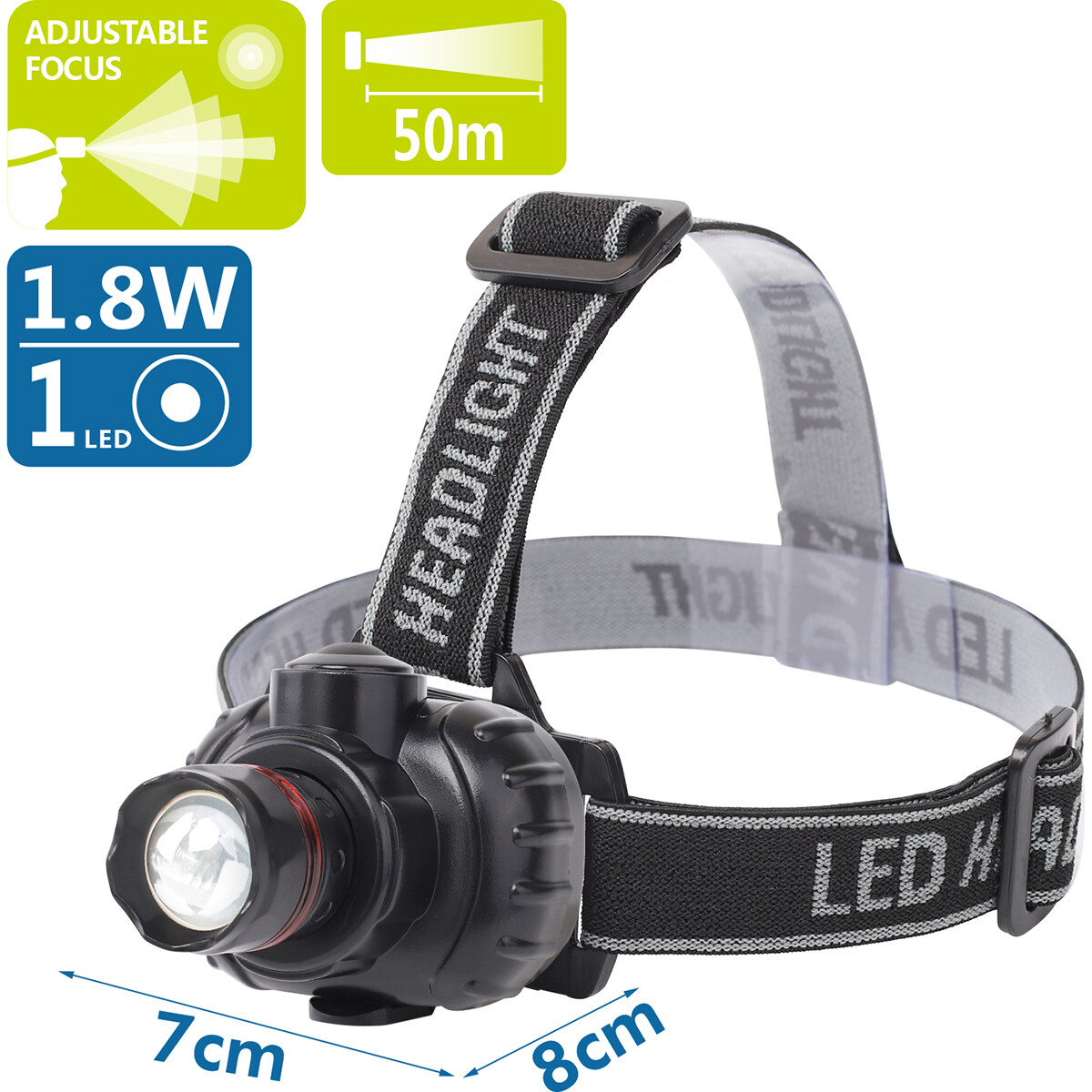 LED Hoofdlamp - Aigi Xixo - Waterdicht - 50 Meter - Kantelbaar - 1 LED - 1.8W - Zwart | Vervangt 12W