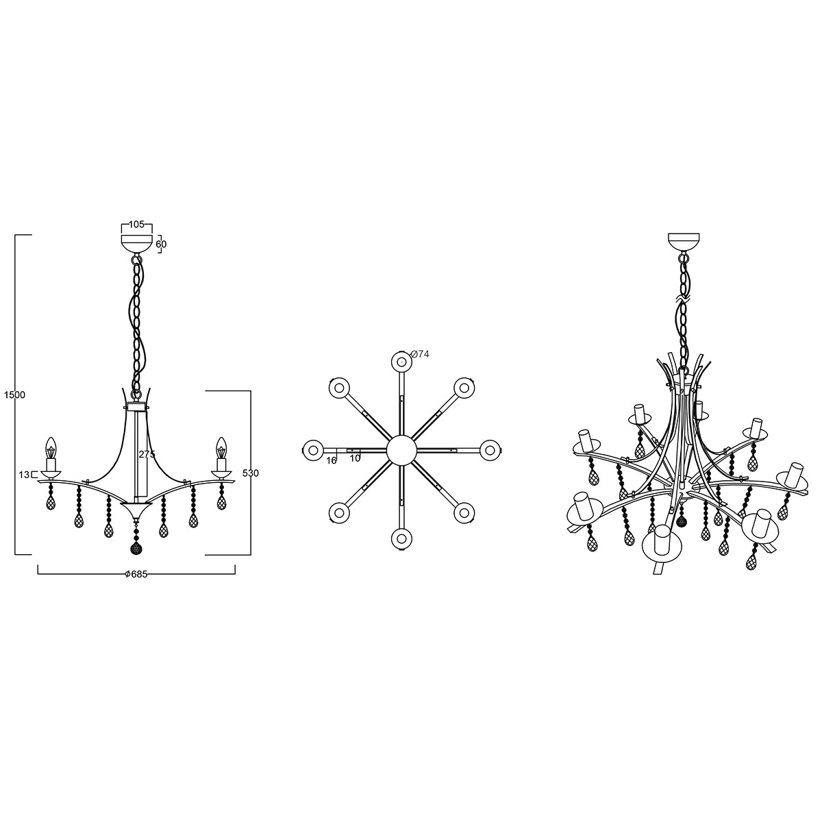 LED Kroonluchter - Trion Lacarno - E14 Fitting - 8-lichts - Rond - Mat Chroom - Aluminium