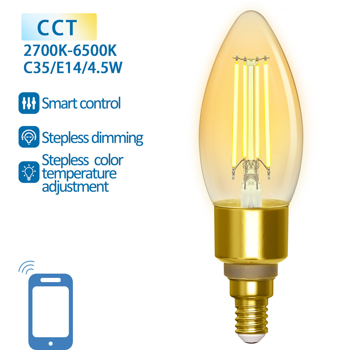 LED Lamp - Filament - Smart LED - Aigi Delano - Bulb C35 - 4.5W - E14 Fitting - Slimme LED - Wifi LED + Bluetooth - Aanpasbare Kleur - Amber - Glas