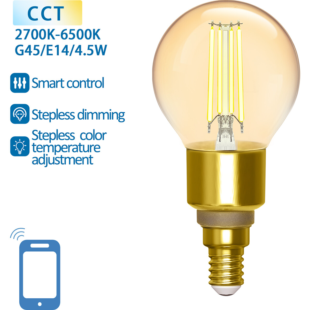 LED Lamp - Filament - Smart LED - Aigi Delano - Bulb G45 - 4.5W - E14 Fitting - Slimme LED - Wifi LED + Bluetooth - Aanpasbare Kleur - Amber - Glas