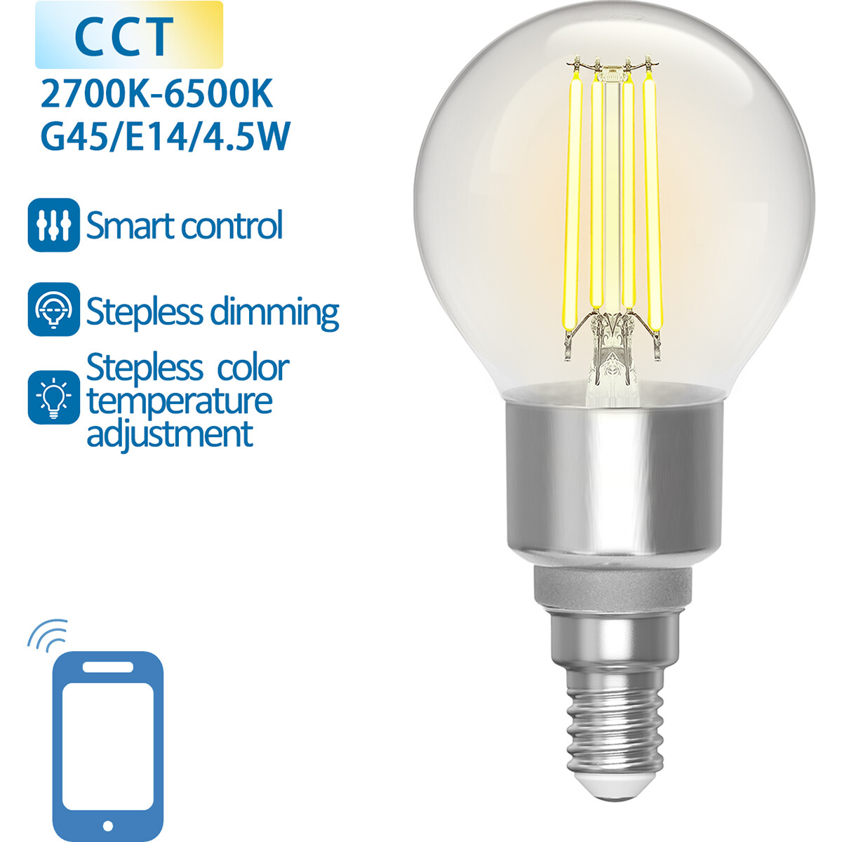 LED Lamp - Filament - Smart LED - Aigi Delano - Bulb G45 - 4.5W - E14 Fitting - Slimme LED - Wifi LED + Bluetooth - Aanpasbare Kleur - Transparant Helder - Glas