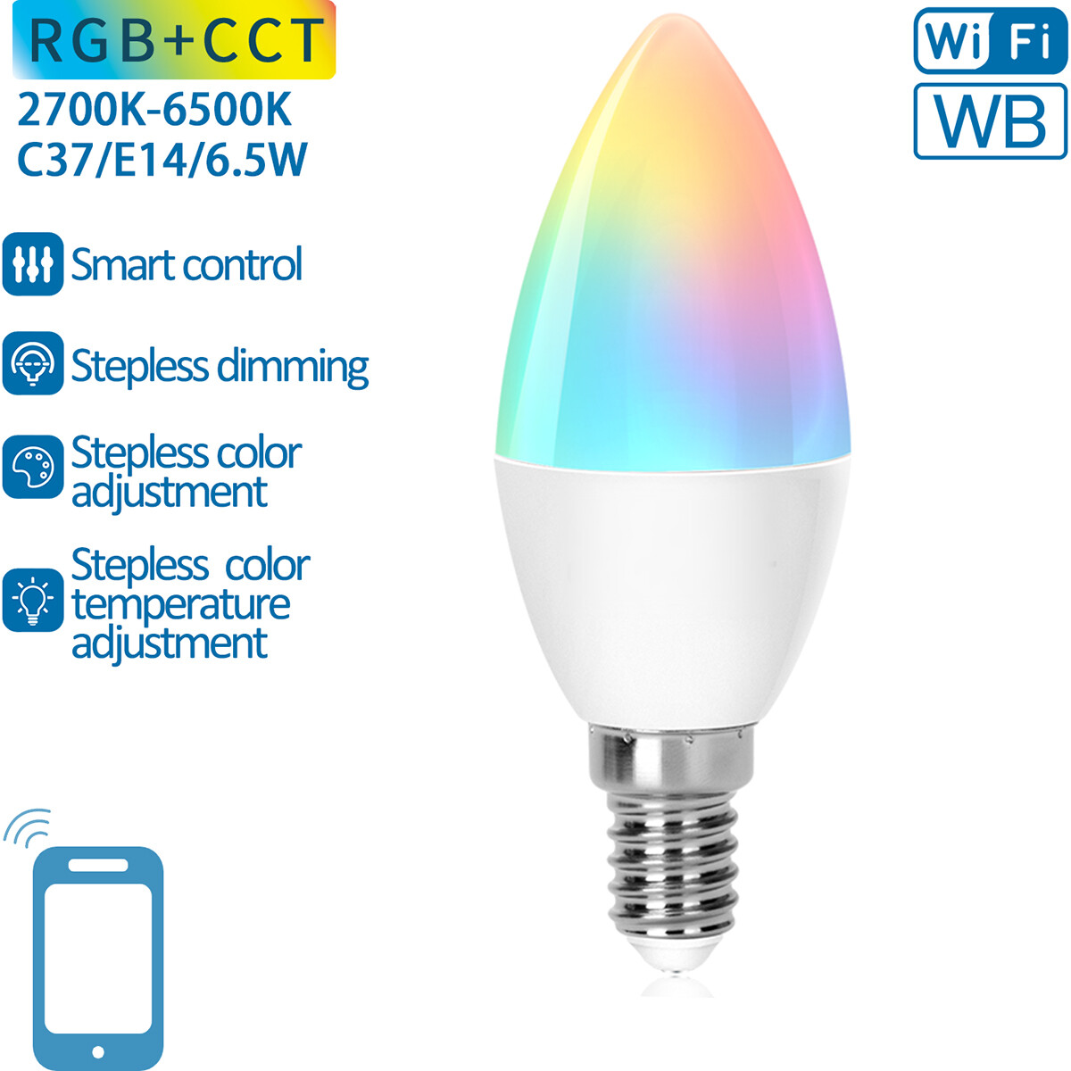 LED Lamp - Smart LED - Aigi Lexus - Bulb C37 - 6.5W - E14 Fitting - Slimme LED - Wifi LED + Bluetooth - RGB + Aanpasbare Kleur - Mat Wit - Kunststof