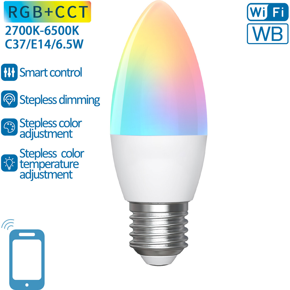 LED Lamp - Smart LED - Aigi Loney - Bulb C37 - 6.5W - E27 Fitting - Slimme LED - Wifi LED - RGB + Aanpasbare Kleur - Mat Wit - Kunststof