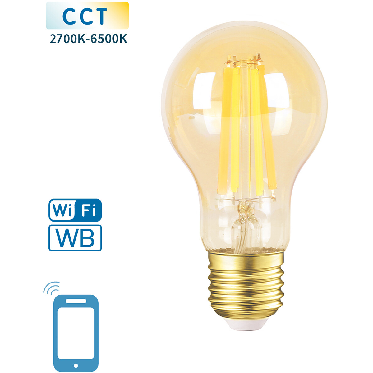 LED Lamp - Smart LED - Aigi Rixona - Bulb A60 - 6W - E27 Fitting - Slimme LED - Wifi LED + Bluetooth - Aanpasbare Kleur - Amber - Glas