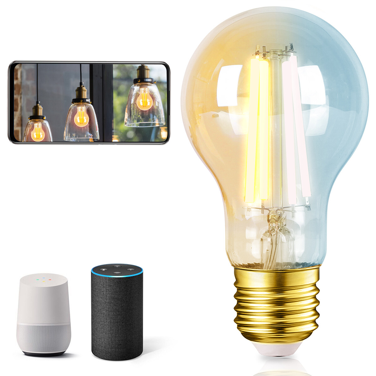 LED Lamp - Smart LED - Aigi Rixona - Bulb A60 - 6W - E27 Fitting - Slimme LED - Wifi LED + Bluetooth - Aanpasbare Kleur - Amber - Glas