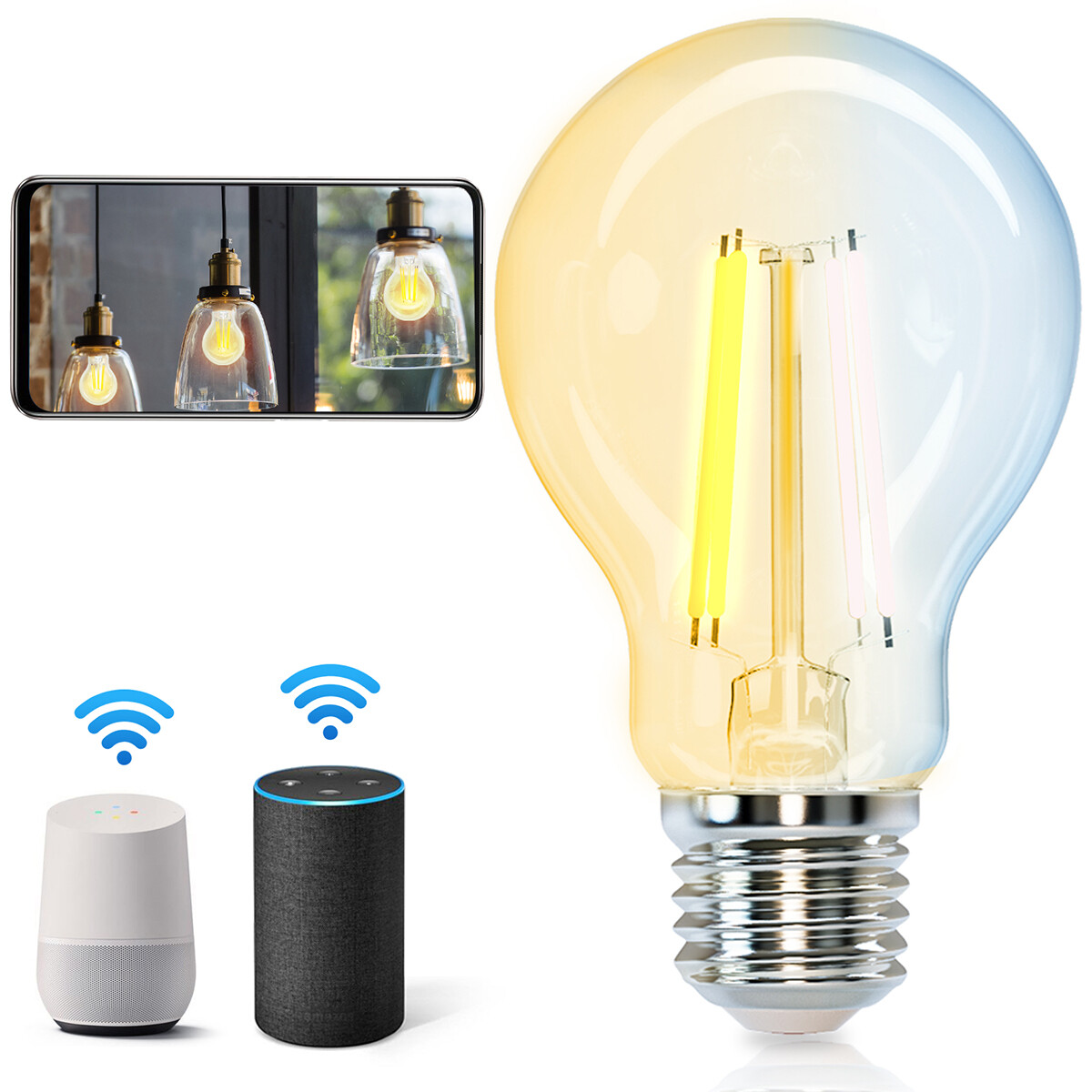 LED Lamp - Smart LED - Aigi Rixona - Bulb A60 - 6W - E27 Fitting - Slimme LED - Wifi LED + Bluetooth - Aanpasbare Kleur - Transparant Helder - Glas