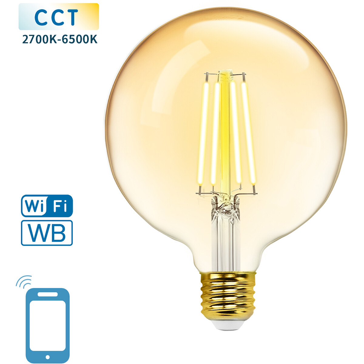 LED Lamp - Smart LED - Aigi Rixona - Bulb G125 - 6W - E27 Fitting - Slimme LED - Wifi LED + Bluetooth - Aanpasbare Kleur - Amber - Glas