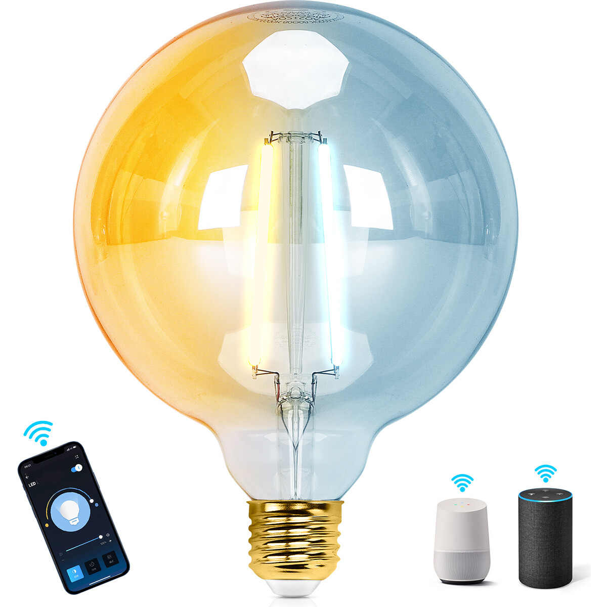 LED Lamp - Smart LED - Aigi Rixona - Bulb G125 - 6W - E27 Fitting - Slimme LED - Wifi LED + Bluetooth - Aanpasbare Kleur - Amber - Glas