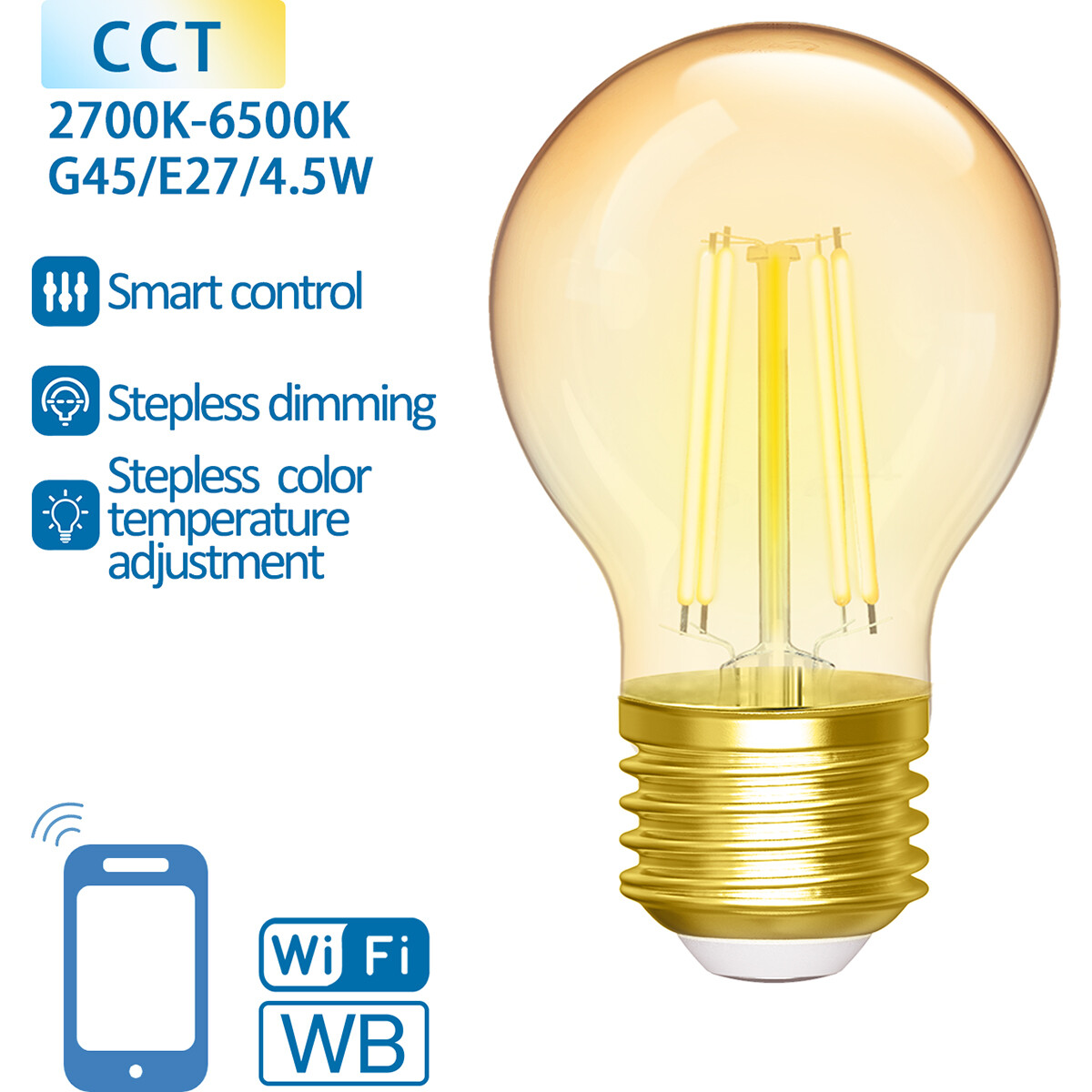 LED Lamp - Smart LED - Aigi Rixona - Bulb G45 - 4.5W - E27 Fitting - Slimme LED - Wifi LED + Bluetooth - Aanpasbare Kleur - Amber - Glas