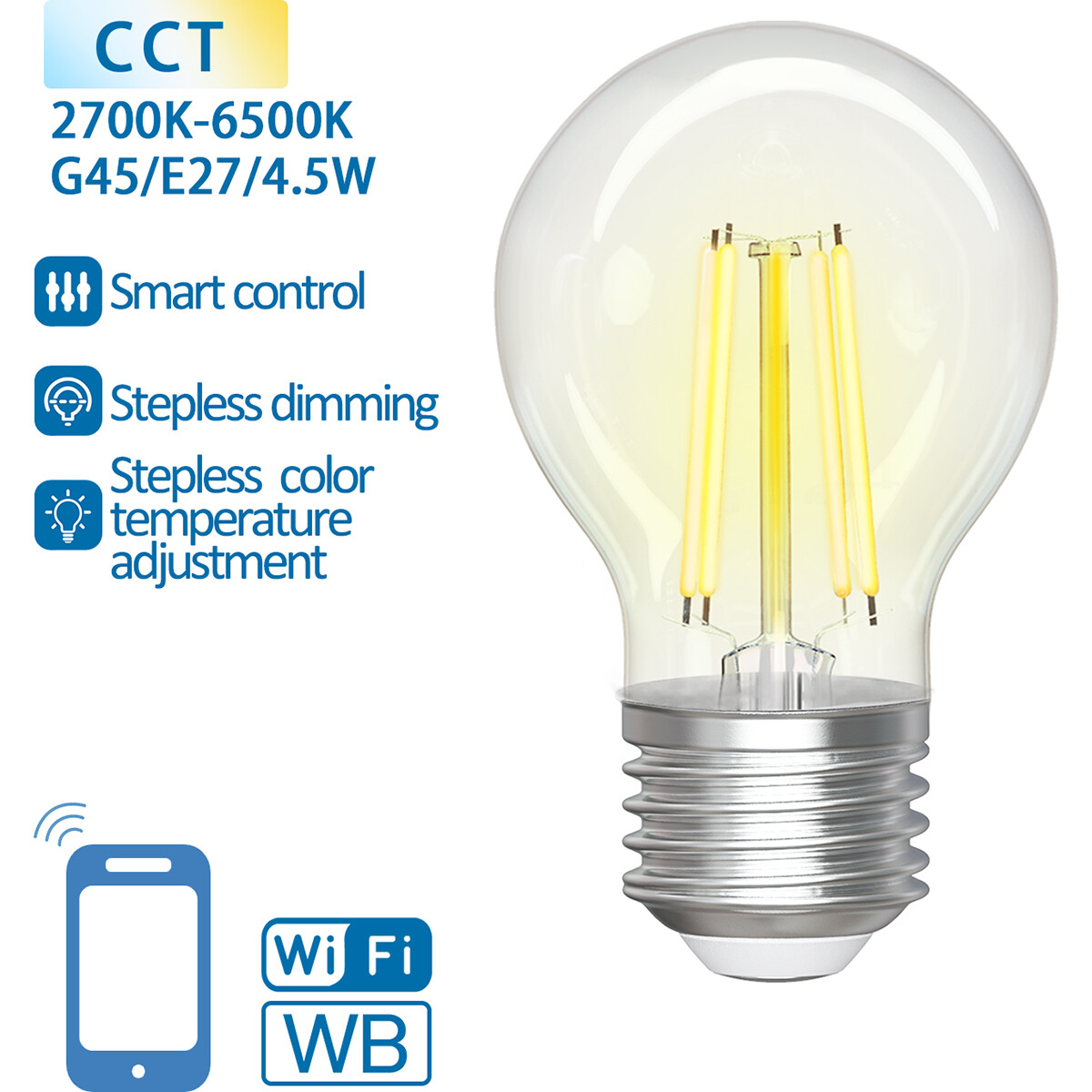 LED Lamp - Smart LED - Aigi Rixona - Bulb G45 - 4.5W - E27 Fitting - Slimme LED - Wifi LED + Bluetooth - Aanpasbare Kleur - Transparant Helder - Glas