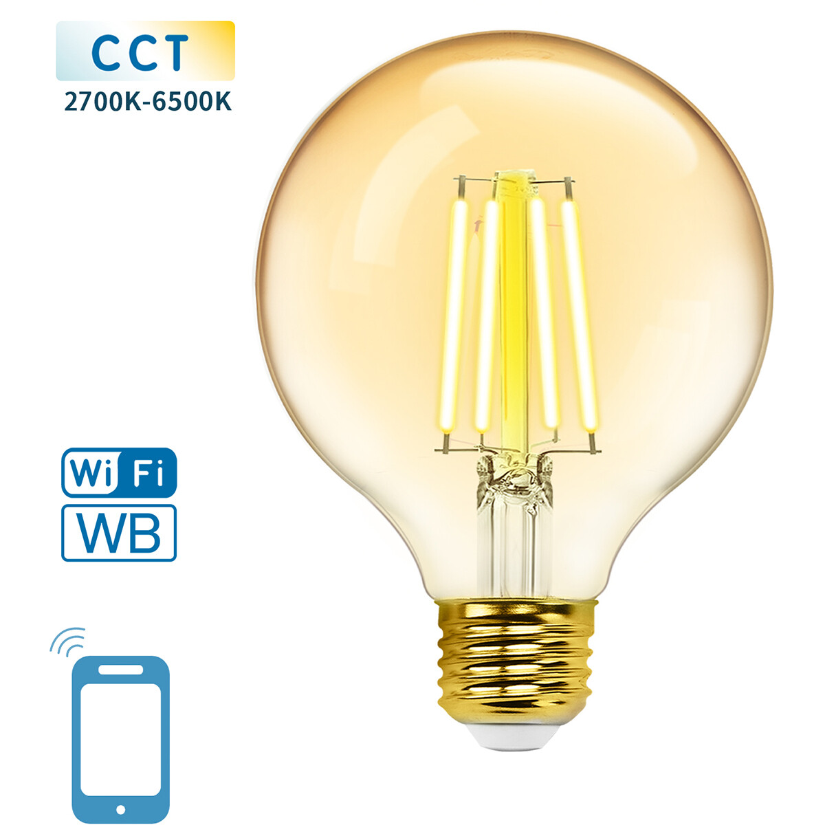 LED Lamp - Smart LED - Aigi Rixona - Bulb G95 - 6W - E27 Fitting - Slimme LED - Wifi LED + Bluetooth - Aanpasbare Kleur - Amber - Glas