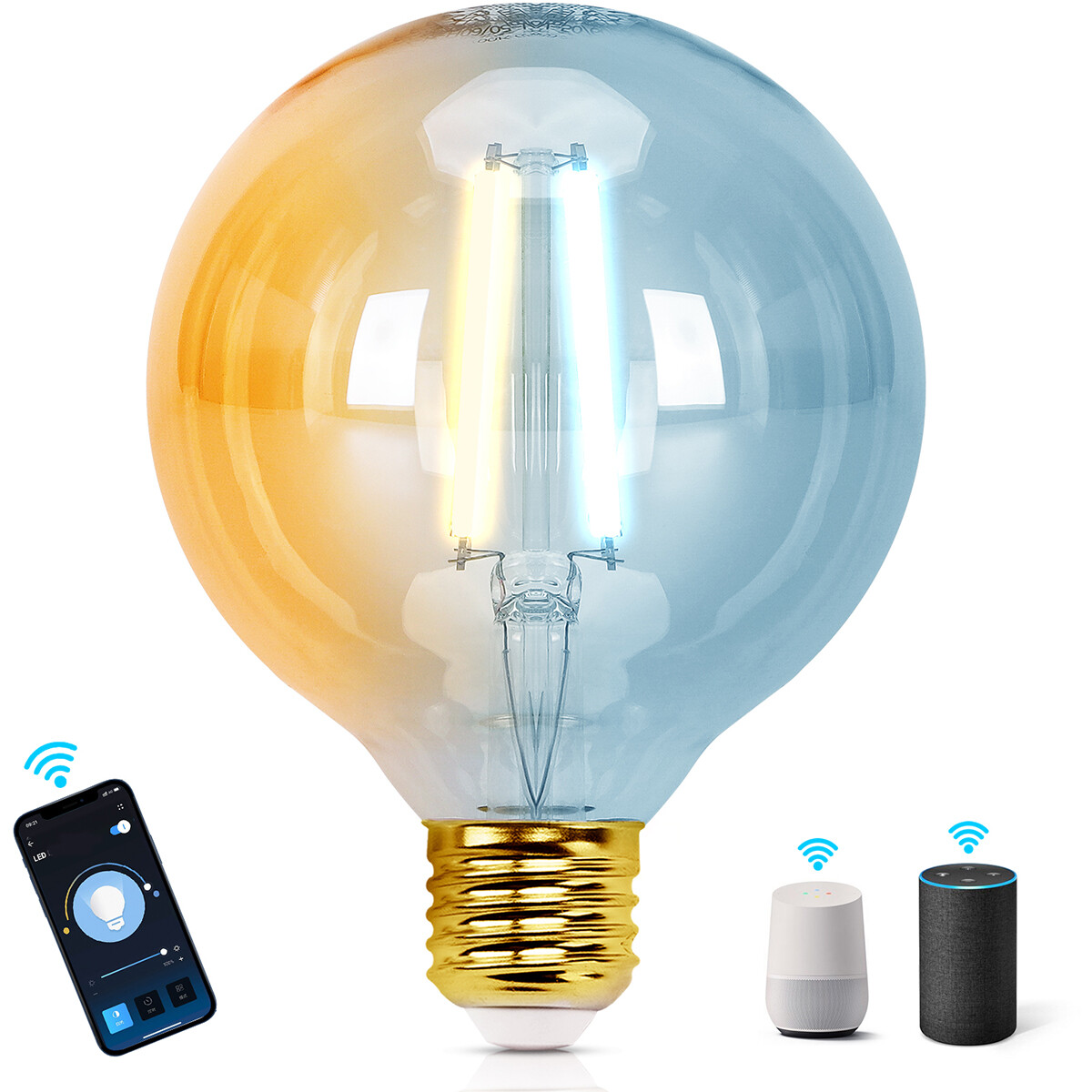 LED Lamp - Smart LED - Aigi Rixona - Bulb G95 - 6W - E27 Fitting - Slimme LED - Wifi LED + Bluetooth - Aanpasbare Kleur - Amber - Glas