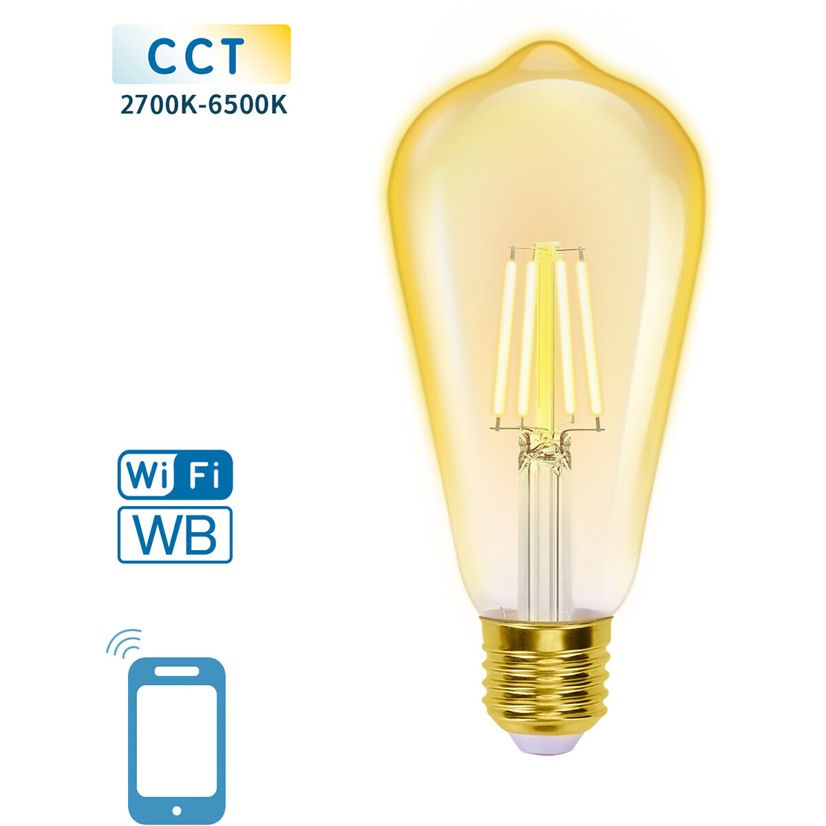 LED Lamp - Smart LED - Aigi Rixona - Bulb ST64 - 6W - E27 Fitting - Slimme LED - Wifi LED + Bluetooth - Aanpasbare Kleur - Amber - Glas