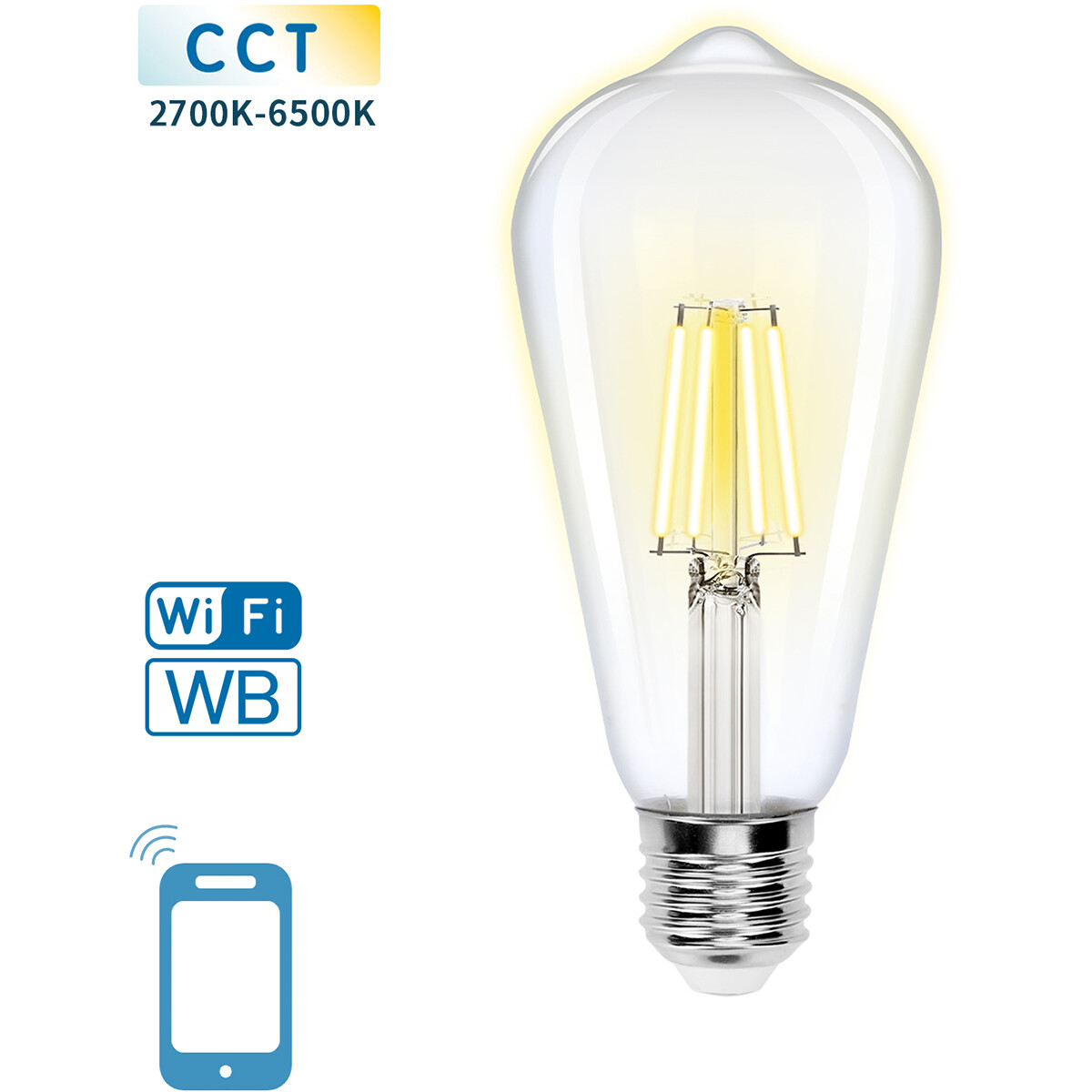 LED Lamp - Smart LED - Aigi Rixona - Bulb ST64 - 6W - E27 Fitting - Slimme LED - Wifi LED + Bluetooth - Aanpasbare Kleur - Transparant Helder - Glas