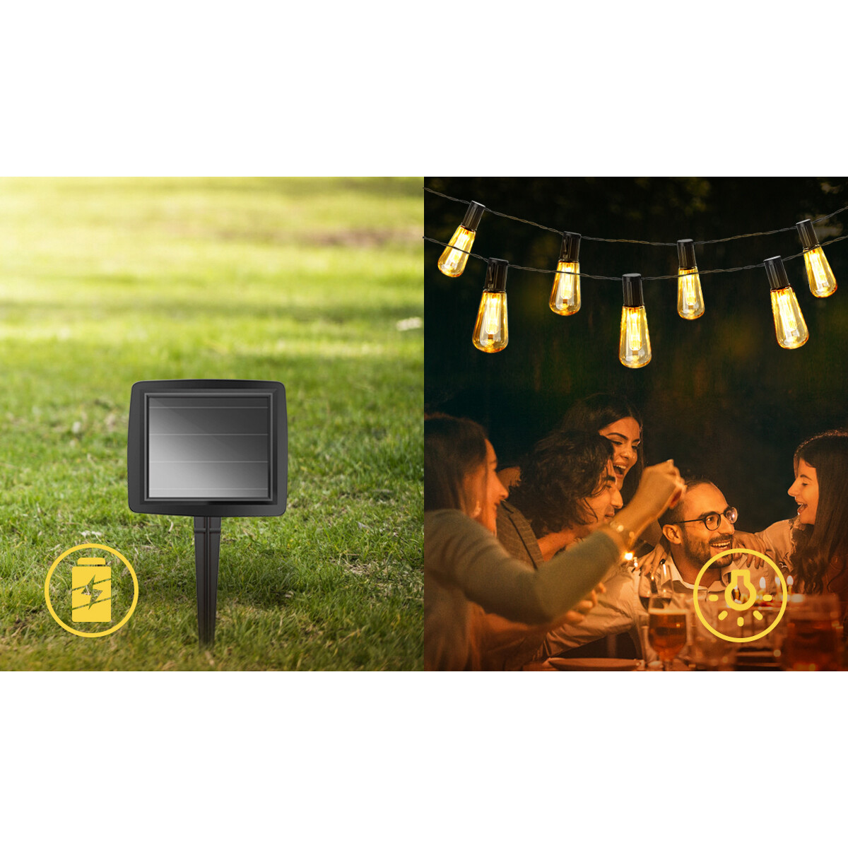 LED Lichtsnoer met Zonne-energie - Dag en Nacht Sensor - Aigi Humbol - 10W - Warm Wit 3000K - 3.8 Meter - 10 LED's Transparant - Waterdicht IP44 - Zwart